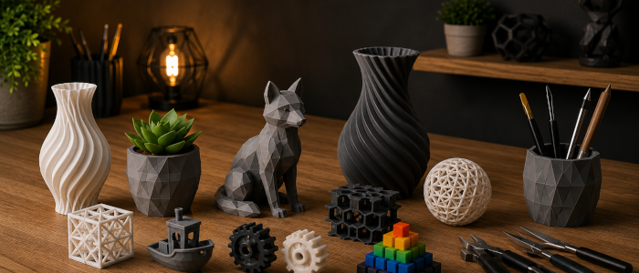Objetos decorativos impressos em 3D, incluindo uma raposa poligonal e jarras, sobre uma secretária